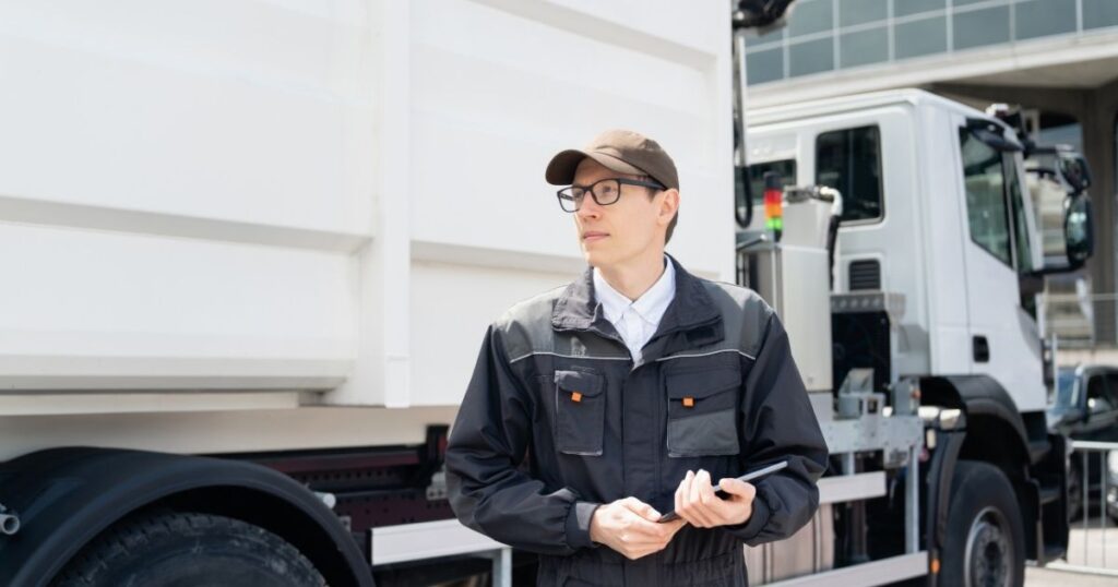 Truck driver standing next to a semi trailer.